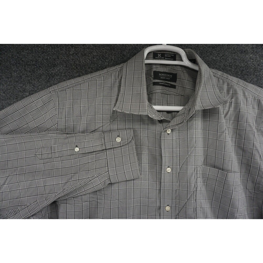 Nordstrom Mens Shop Shirt Mens 17.5 34 35 Traditional Fit Gray Plaid Long Sleeve